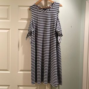 Lane Bryant Casual Grey and White Striped Dress with Tie-able Cold Shoulders